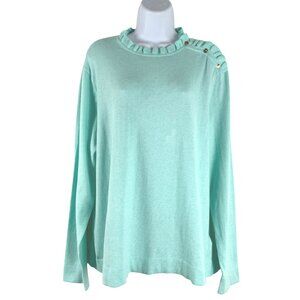 J. Crew Ruffle Sweater With‎ Buttons 2X Mint Cotton Long Sleeve NWT TP-3124